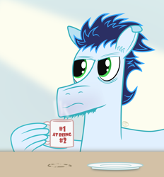 Size: 4000x4314 | Tagged: safe, artist:landmark520, soarin', pegasus, pony, absurd resolution, bed mane, coffee, coffee mug, male, morning, mug, solo, stallion, vector, wing hands, wing hold