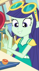 Size: 406x749 | Tagged: safe, screencap, blueberry cake, equestria girls, equestria girls (movie), cellphone, cropped, female, food, glasses, orange, phone