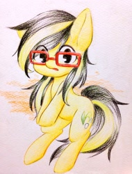 Size: 1554x2048 | Tagged: safe, artist:yukimaki, oc, oc only, earth pony, pony, glasses, looking at you, simple background, solo, traditional art