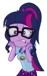 Size: 346x561 | Tagged: safe, edit, edited screencap, screencap, sci-twi, twilight sparkle, equestria girls, legend of everfree, background removed, camp everfree outfits, clothes, cropped, female, glasses, not a vector, scared, shorts, simple background, solo, transparent background