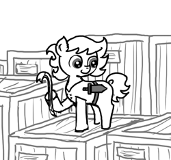 Size: 640x600 | Tagged: safe, artist:ficficponyfic, oc, oc only, oc:ruby rouge, pony, belt, box, child, clothes, colt quest, crate, crates, crowbar, cute, cyoa, female, filly, foal, happy, knife, monochrome, shirt, smiling, solo, story included