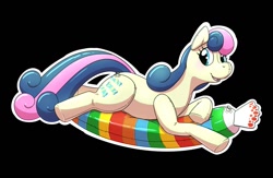 Size: 1280x837 | Tagged: safe, artist:rawr, bon bon, sweetie drops, inflatable pony, pony, blushing, candy, food, inflatable, inflatable toy, pool toy, smiling, solo
