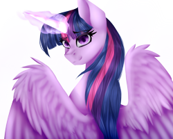 Size: 1000x800 | Tagged: safe, artist:minelvi, artist:montyowl, twilight sparkle, twilight sparkle (alicorn), alicorn, pony, collaboration, female, glowing horn, mare, simple background, solo, spread wings, transparent background, wings