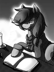 Size: 2100x2800 | Tagged: safe, artist:animaloftheelements, oc, oc only, pony, book, candle, clothes, commission, feather, fire, grayscale, hair over one eye, monochrome, mouth hold, solo, table