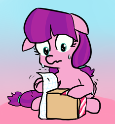 Size: 1280x1375 | Tagged: safe, artist:tanmansmantan, lily longsocks, pony, cute, female, filly, floppy ears, hedgehog's dilemma, nervous, present, shaking, solo, sweat, wrapping paper