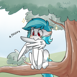 Size: 1000x1000 | Tagged: safe, artist:lucidlarceny, oc, oc only, oc:squeaky clean, pegasus, pony, behaving like a bird, blushing, female, floppy ears, mare, preening, solo, tree, tree branch, unsound effect