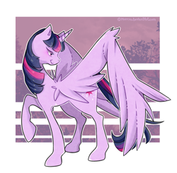 Size: 2709x2652 | Tagged: safe, artist:morrya, twilight sparkle, twilight sparkle (alicorn), alicorn, pony, abstract background, female, looking back, mare, raised hoof, smiling, solo, spread wings