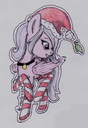 Size: 828x1200 | Tagged: safe, artist:marta4708, oc, oc only, pegasus, pony, clothes, female, hat, mare, santa hat, socks, solo, striped socks, traditional art