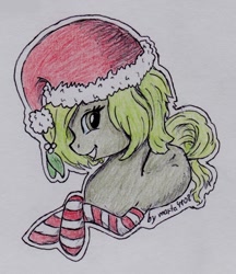 Size: 912x1055 | Tagged: safe, artist:marta4708, oc, oc only, earth pony, pony, clothes, female, hat, lying down, mare, santa hat, socks, solo, striped socks, traditional art