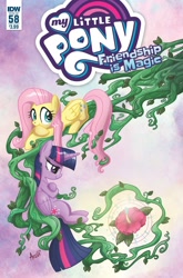 Size: 1054x1600 | Tagged: safe, artist:agnesgarbowska, derpibooru import, idw, fluttershy, twilight sparkle, twilight sparkle (alicorn), alicorn, pegasus, pony, spoiler:comic, spoiler:comic58, cover, duo, female, flower, magenta bloom, mare, vine