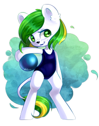 Size: 828x1054 | Tagged: safe, artist:avonir, oc, oc only, semi-anthro, ball, clothes, cute, leonine tail, one-piece swimsuit, swimsuit