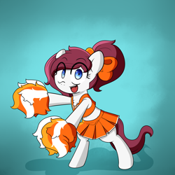 Size: 1900x1900 | Tagged: safe, artist:fullmetalpikmin, oc, oc only, oc:rally, earth pony, pony, belly button, bipedal, bow, cheerleader, chest fluff, clothes, cute, hair bow, midriff, ocbetes, pleated skirt, pom pom, ponytail, skirt, solo, tanktop