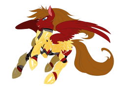 Size: 2300x1769 | Tagged: safe, artist:fly-sky-high, oc, oc only, oc:blaze saber, pegasus, pony, armor, blue eyes, chainmail, fantasy class, gold, knight, paladin, solo, spread wings, warrior