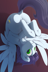 Size: 2000x3000 | Tagged: safe, artist:dimfann, soarin', pegasus, pony, backwards cutie mark, cute, dock, ear fluff, featureless crotch, frog (hoof), looking at you, lying down, male, old cutie mark, on back, plot, smiling, soarinbetes, solo, stallion, underhoof, upside down, wing fluff