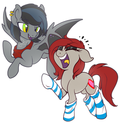 Size: 1358x1395 | Tagged: safe, artist:breioom, oc, oc only, oc:notde, oc:ponepony, bat pony, pony, clothes, eyeshadow, laughing, makeup, simple background, socks, striped socks, transparent background