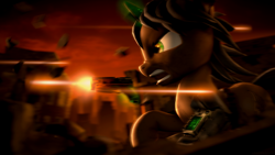 Size: 3840x2160 | Tagged: safe, artist:argodaemon, oc, oc only, fallout equestria, 3d, city, gun, handgun, pistol, running, source filmmaker