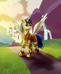 Size: 1000x1200 | Tagged: safe, artist:misiekpl, oc, oc only, oc:master valor mccloud, alicorn, pony, alicorn oc, canterlot, commission, male, royal guard, signature, solo, sunrise