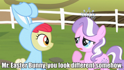 Size: 960x540 | Tagged: safe, edit, edited screencap, screencap, apple bloom, diamond tiara, easter bunny, image macro, meme