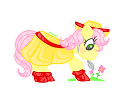 Size: 1024x853 | Tagged: safe, artist:crystal-sushi, posey, earth pony, pony, g1, clothes, dress, female, flower, hat, mare, mouth hold, simple background, transparent background, trowel