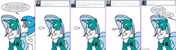 Size: 2100x600 | Tagged: safe, artist:dekomaru, oc, oc only, oc:doctor zell, oc:hazel lulamoon, griffon, pony, unicorn, ask, bipedal, bondage, crying, female, horn bandage, mare, straitjacket, tumblr, tumblr:ask twixie