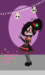 Size: 388x648 | Tagged: safe, artist:obeliskgirljohanny, oc, oc only, oc:cereza, human, vampire, calavera catrina, dia de los muertos, face paint, fangs, flower, humanized, looking at you, rose, smiling, solo, sugar skull cookie