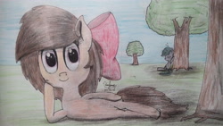 Size: 4864x2736 | Tagged: safe, artist:kimjoman, oc, oc only, oc:aggie, oc:purple flix, pony, absurd resolution, bow, looking at you, lying, on side, pony town, pose, resting, shading, shading practice, signature, sleeping, traditional art, tree, under the tree