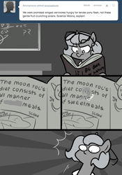Size: 666x950 | Tagged: safe, artist:egophiliac, oc, oc:tim (egophiliac), pony, ask, book, clothes, glasses, lab coat, mind blown, monochrome, moonstuck, neo noir, partial color, reading, science woona, tim, tumblr, woonoggles