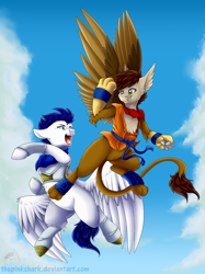 Size: 1280x1707 | Tagged: safe, artist:pinksharkcuteart, oc, oc only, hippogriff, pegasus, pony, anime, commission, crossover, dragon ball z, fight, goku, male, stallion, vegeta