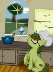 Size: 441x601 | Tagged: safe, artist:onyxpenstroke, oc, oc only, oc:zeb, pony, unicorn, baking, blurry background, chef's hat, cupcake, cutie mark, derpibooru community art trade, eyes closed, food, glasses, hat, magic, male, smiling, solo, stallion, telekinesis, unshorn fetlocks, window