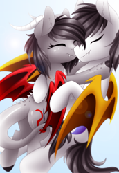 Size: 3000x4359 | Tagged: safe, artist:scarlet-spectrum, oc, oc only, oc:scarlet spectrum, bat pony, dracony, hybrid, pony, absurd resolution, cuddling, fangs, female, male, mare, oc x oc, shipping, stallion, straight