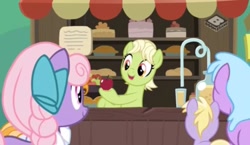 Size: 917x533 | Tagged: safe, screencap, chelsea porcelain, dinky hooves, granny smith, earth pony, pony, the perfect pear, apple, background pony, female, food, mare, unnamed pony, vibrant melody, young granny smith, younger