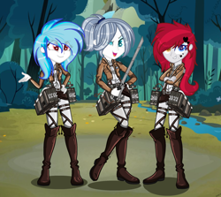 Size: 2192x1956 | Tagged: safe, artist:yulianapie26, oc, oc only, equestria girls, anime, attack on titan, clothes, colored pupils, equestria girls-ified, forest, heterochromia, sword, trio, weapon