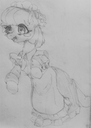 Size: 640x900 | Tagged: safe, artist:jericoanon, coco pommel, pony, blush sticker, blushing, clothes, dress, female, maid, monochrome, solo, traditional art