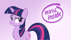 Size: 1920x1081 | Tagged: safe, twilight sparkle, unicorn twilight, pony, unicorn, branding, gradient background, grin, intel, intel inside, lidded eyes, raised eyebrow, smiling, solo