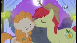 Size: 2560x1440 | Tagged: safe, screencap, bright mac, pear butter, pony, the perfect pear, boomerang (tv channel), brightbutter, eyes closed, kissing, mare in the moon, marriage, moon, night, shipping, wedding