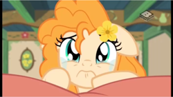 Size: 960x542 | Tagged: safe, screencap, pear butter, earth pony, pony, the perfect pear, 3:, crying, cute, female, floppy ears, frown, looking at you, mare, pearabetes, pouting, sad, sadorable, solo