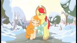 Size: 2560x1440 | Tagged: safe, screencap, bright mac, pear butter, pony, the perfect pear, brightbutter, clothes, scarf, winter