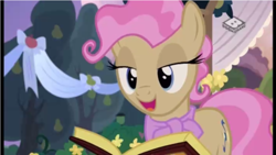 Size: 961x541 | Tagged: safe, screencap, mayor mare, pony, the perfect pear, book, lidded eyes, marriage, non-dyed mayor, wedding, younger