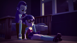 Size: 1920x1080 | Tagged: safe, artist:razethebeast, rarity, sci-twi, twilight sparkle, equestria girls, 3d, bed, bedroom, boots, bowtie, braiding, camp everfree outfits, clothes, doll, glasses, jewelry, mary janes, night, ponytail, shoes, sitting, skirt, skirt lift, smiling, socks, source filmmaker, toy, window