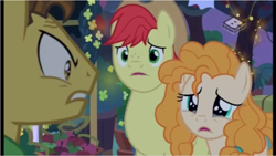 Size: 961x542 | Tagged: safe, screencap, bright mac, grand pear, pear butter, pony, the perfect pear, brightbutter, crying, female, male, shipping, straight