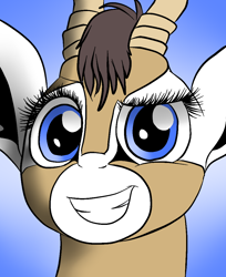 Size: 834x1024 | Tagged: safe, artist:thefriendlyelephant, artist:vorian caverns, oc, oc only, oc:salma, antelope, gazelle, animal in mlp form, awkward smile, big ears, blue eyes, bust, close-up, digital art, dreamworks face, eyelashes, female, horns, non-pony oc, portrait, smiling, solo