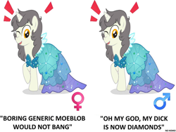 Size: 720x540 | Tagged: safe, artist:lion-grey, edit, oc, oc only, oc:short fuse, pony, unicorn, clothes, crossdressing, dress, female, male, mare, meme, no homo, one eye closed, princess dress, smiling, solo, stallion, trap, wink