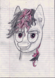 Size: 946x1334 | Tagged: safe, artist:bu00, oc, oc only, oc:blackjack, cyborg, pony, unicorn, fallout equestria, fallout equestria: project horizons, bust, lined paper, solo, traditional art