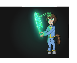 Size: 3176x2629 | Tagged: safe, artist:awesometheweirdo, oc, oc only, oc:sharp shot, pony, satyr, fallout equestria, aura, bipedal, crossover, fallout, offspring, parent:oc:littlepip, solo, sword, weapon