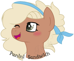 Size: 755x627 | Tagged: safe, artist:ipandacakes, oc, oc only, oc:panini sandwich, earth pony, pony, blushing, bust, female, mare, offspring, one eye closed, parent:cheese sandwich, parent:pinkie pie, parents:cheesepie, portrait, simple background, solo, transparent background, wink