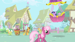 Size: 1280x720 | Tagged: safe, screencap, bon bon, carrot top, chance-a-lot, cheerilee, creme brulee, daisy, flower wishes, golden harvest, granny smith, minuette, spike, sweetie drops, twilight sparkle, dragon, hot air balloon, opening, theme song, twinkling balloon