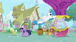 Size: 1280x720 | Tagged: safe, screencap, bon bon, carrot top, daisy, flower wishes, golden harvest, granny smith, lightning bolt, minuette, spike, sweetie drops, twilight sparkle, white lightning, dragon, earth pony, pegasus, pony, unicorn, aerobatics, background pony, building, cart, female, flying, hot air balloon, house, male, mare, opening, ponyville, stallion, theme song, twinkling balloon