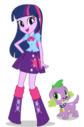 Size: 1030x1546 | Tagged: safe, spike, twilight sparkle, dog, equestria girls, bowtie, clothes, error, hand on hip, leg warmers, looking at you, simple background, skirt, spike the dog, transparent background