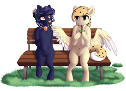 Size: 1100x800 | Tagged: safe, artist:silentwulv, oc, oc only, oc:chocolate chip, oc:sidera, food pony, original species, pegasus, pony, bench, female, food, mare, simple background, sitting, transparent background