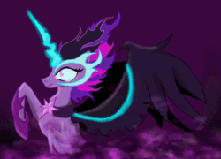 Size: 600x433 | Tagged: safe, artist:joselyn565, midnight sparkle, sci-twi, twilight sparkle, alicorn, pony, equestria girls, animated, equestria girls ponified, gif, glowing horn, ponified, solo